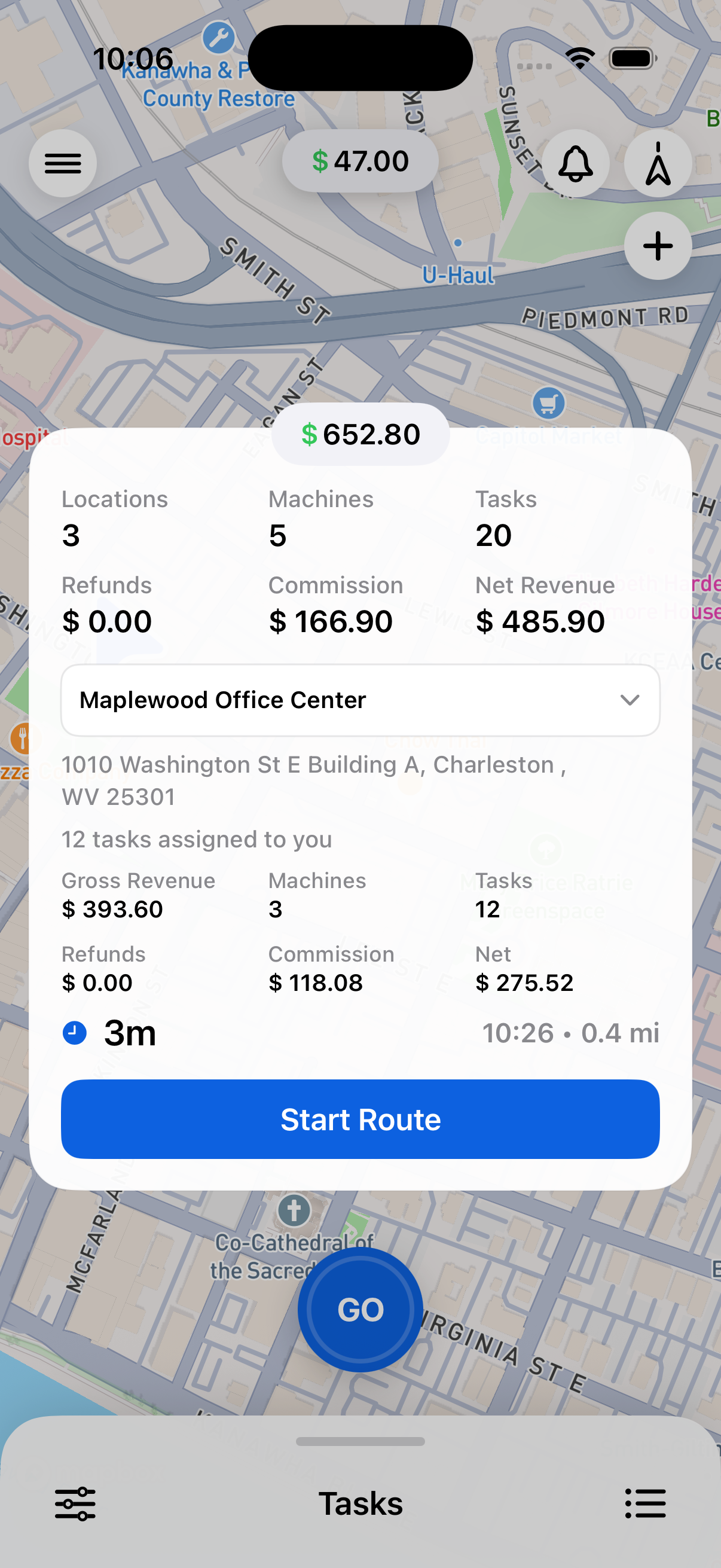 Vendistri iOS route summary screen