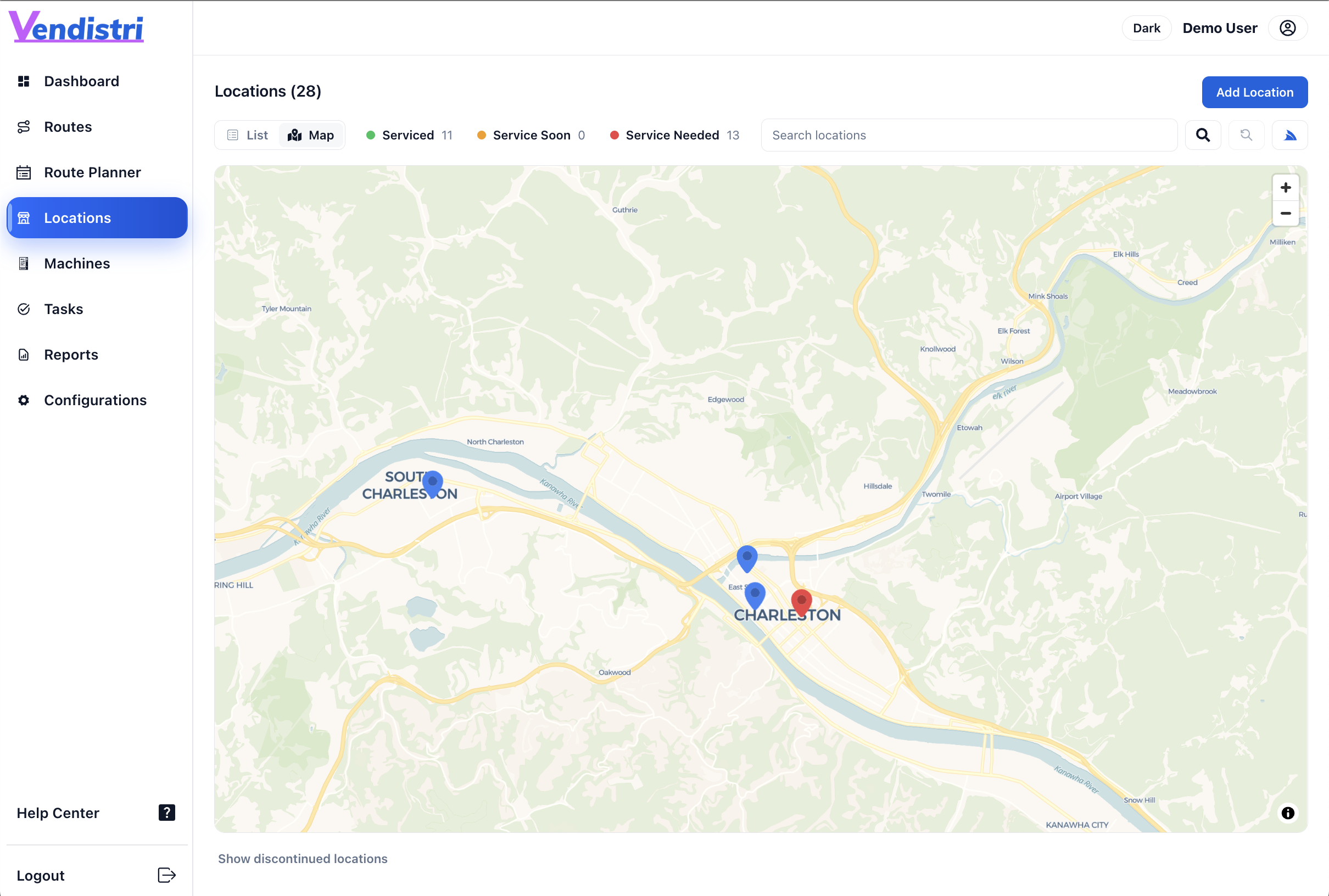 Vendistri web dashboard showing locations on a map